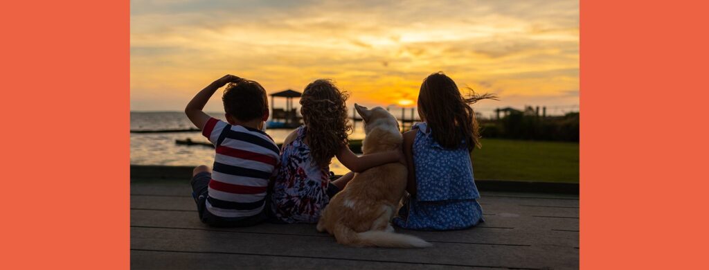 Three children and a dog sitting with their backs to the camera watching the sunset over the water on a dock