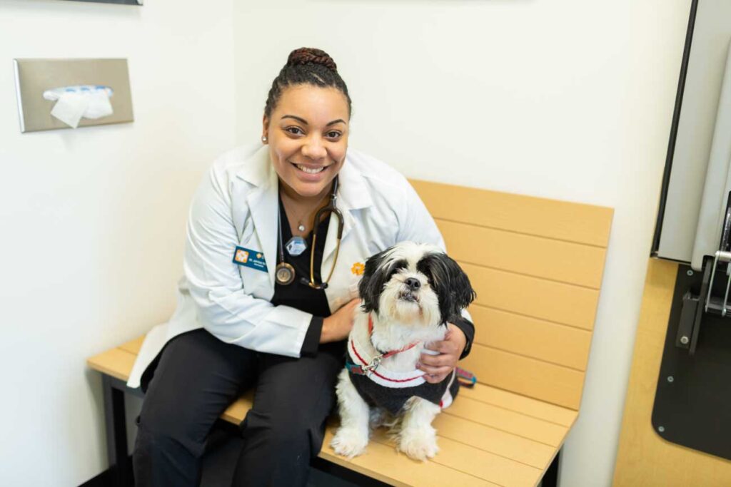 Female veterinarian sitting on a bench in a vet clinic smiling at the camera with a black and white small long-haired dog.