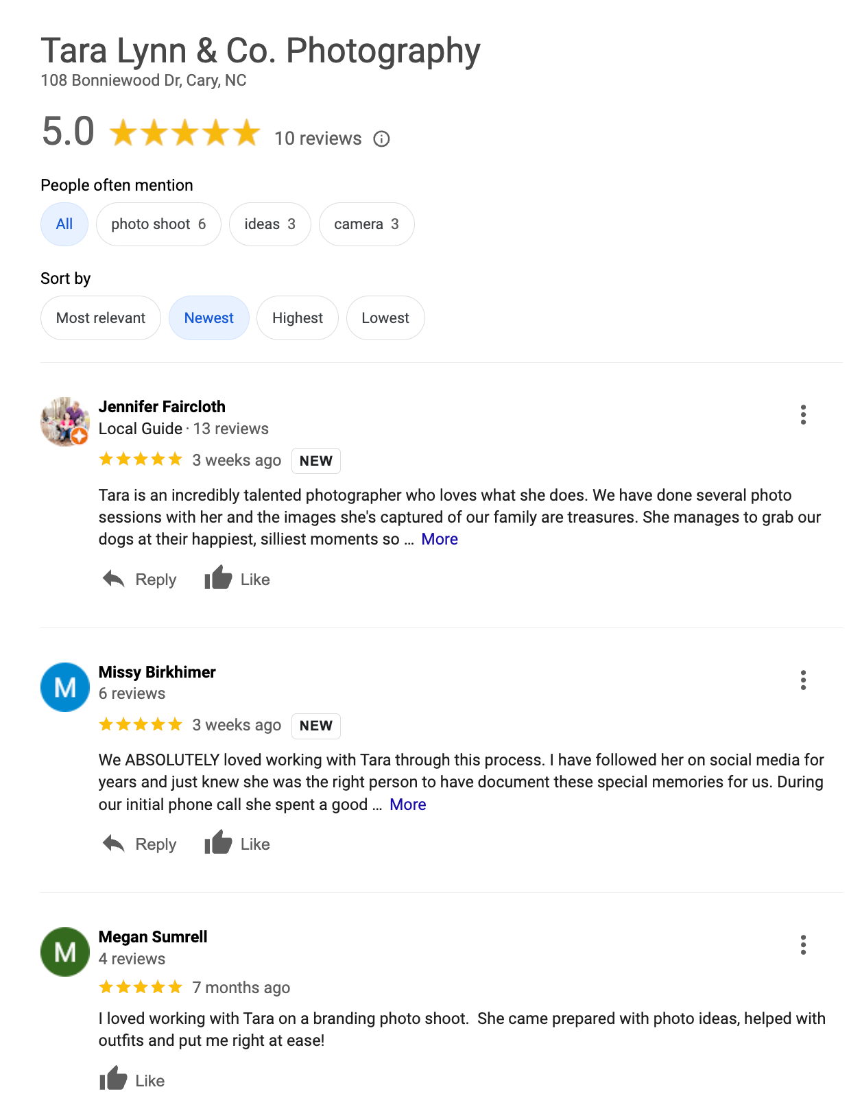Screenshot of google reviews Screenshot of Tara Lynn's recent google reviews