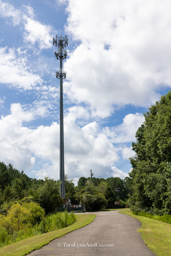 This cell phone tower marks the halfway point from the greenway trailhead to the Rainbow Bridge in Apex