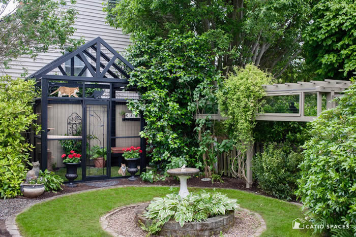 Photo of an outdoor garden with a special screened porch designed for cats to enjoy